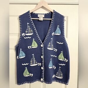Vintage Mandal Bay Blue Sailboat Patterned Sweater Vest Size XL
